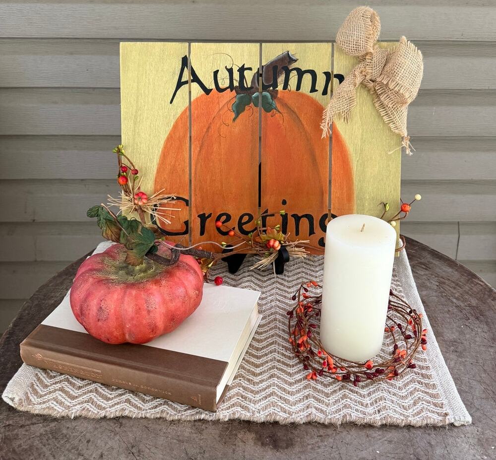 Complete Rustic Fall Tiered 7pc Table Decor Set Autumn Greetings Farmhouse